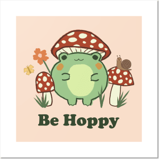 Cute Be Hoppy Retro Mushroom Frog | Green Text Posters and Art